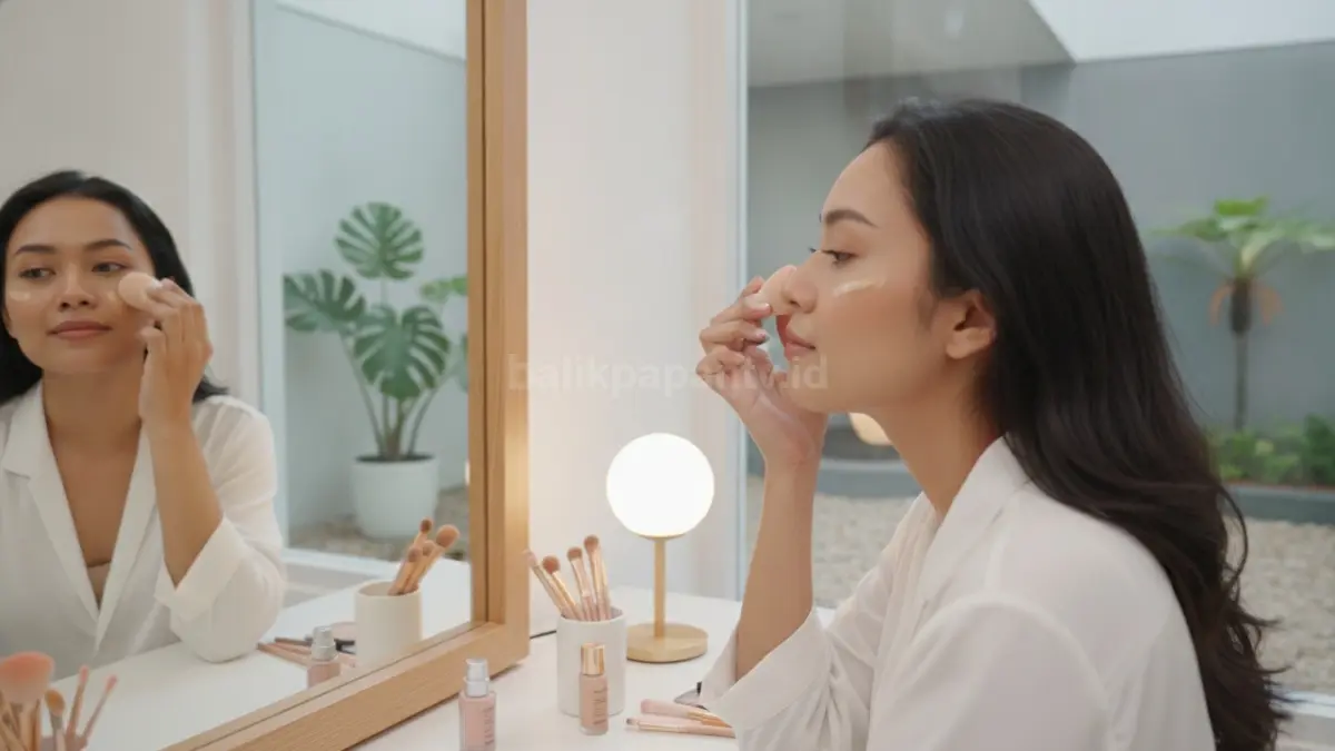 Proses meratakan makeup pada area bawah mata agar tampilan wajah terlihat lebih cerah.
