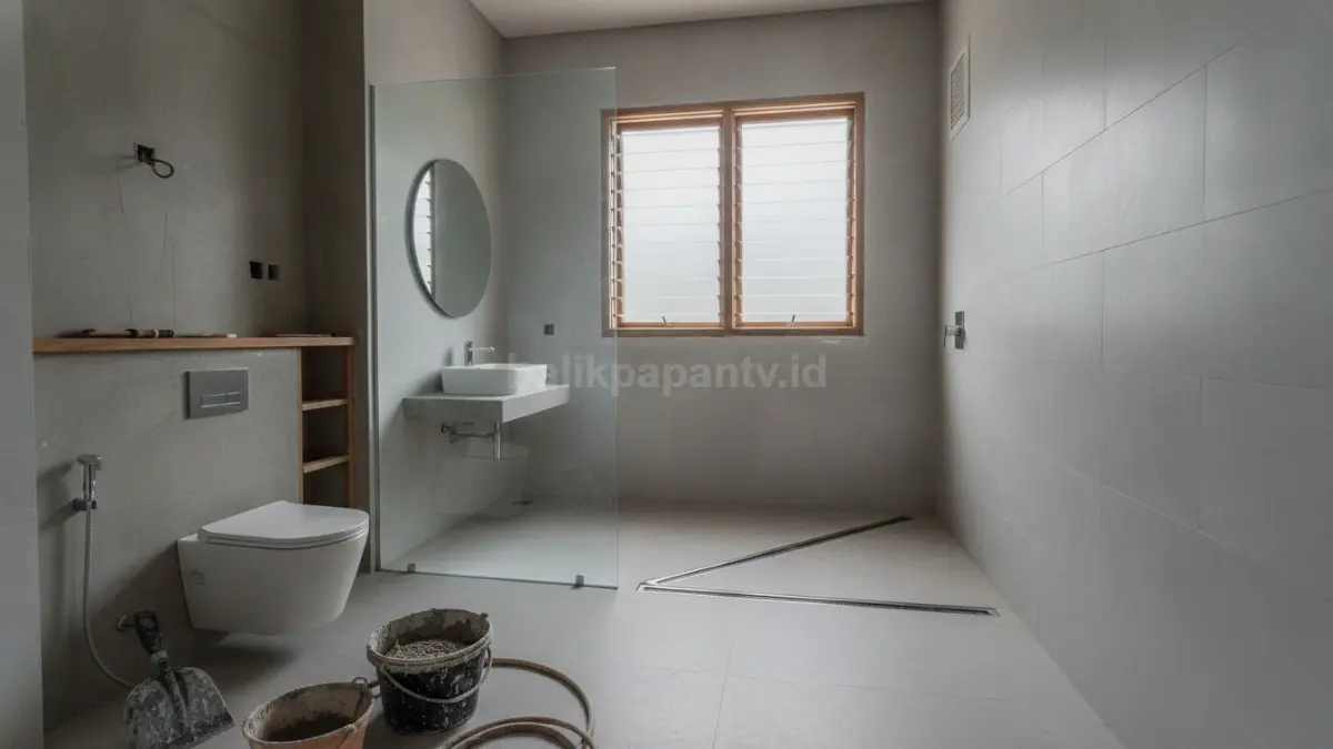 Proses pembangunan kamar mandi 2x2 dengan fokus pada drainase, ventilasi, dan efisiensi ruang.
