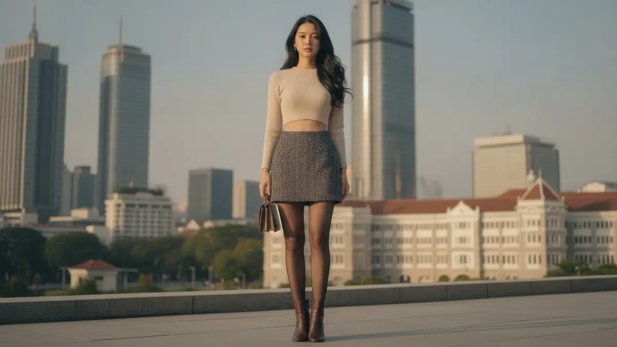 Rajut crop fit dan rok mini tweed menciptakan tampilan elegan modern berproporsi seimbang untuk sehari-hari. (BTV/AI)
