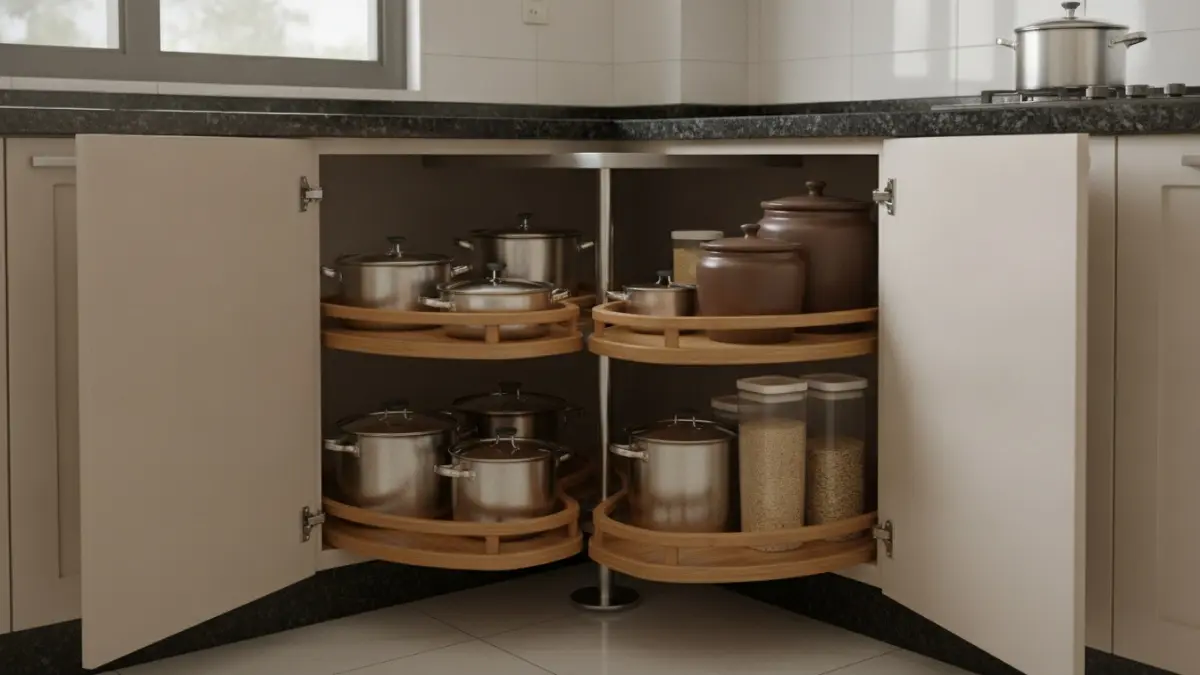 Rak sudut berputar memaksimalkan ruang kabinet, memudahkan mengambil peralatan, serta meningkatkan kenyamanan saat memasak sehari-hari. (BTV/AI)
