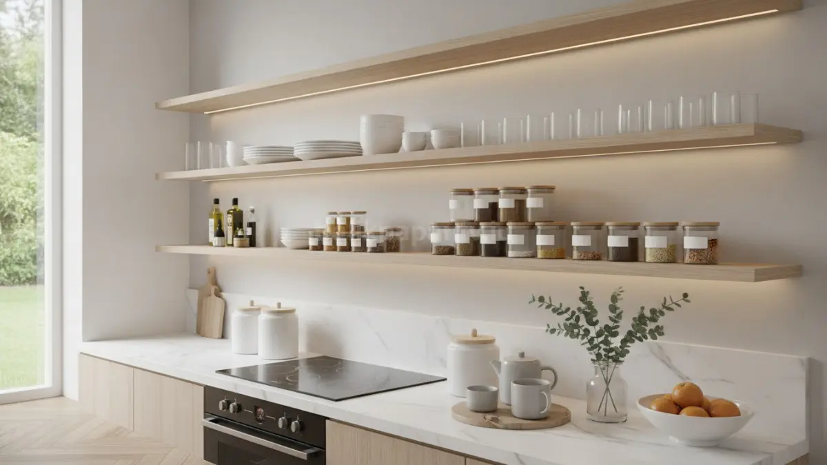 Rak terbuka minimalis menyimpan peralatan dapur harian dengan susunan rapi dan estetik modern (BTV/Ai)

