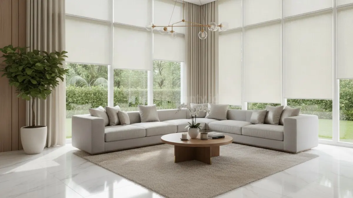 Roller blind minimalis menawarkan kontrol cahaya yang praktis dengan tampilan rapi, cocok untuk ruang modern (BTV/Ai).
