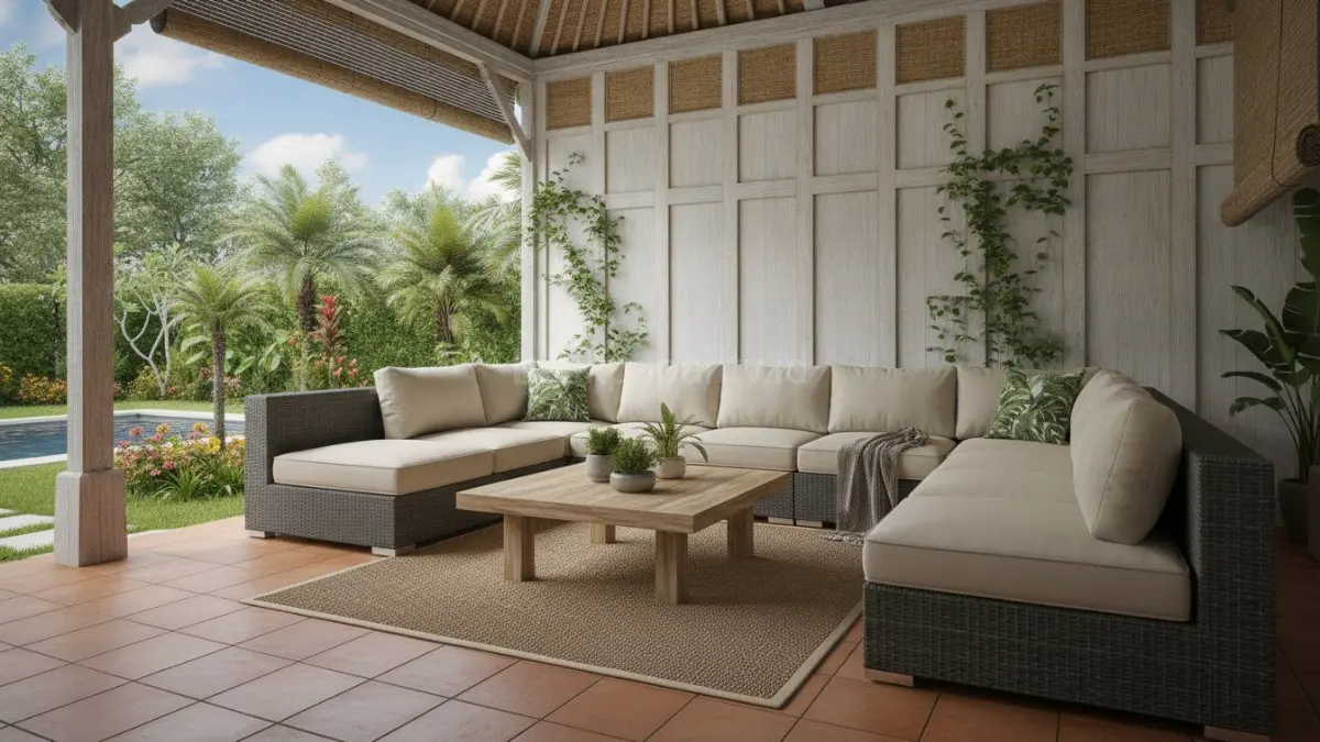 Ruang keluarga semi terbuka dengan sofa tahan cuaca menghadirkan kenyamanan layaknya ruang tamu indoor sekaligus memungkinkan penghuni menikmati udara dan pemandangan luar secara lebih maksimal.(BTV/AI) 