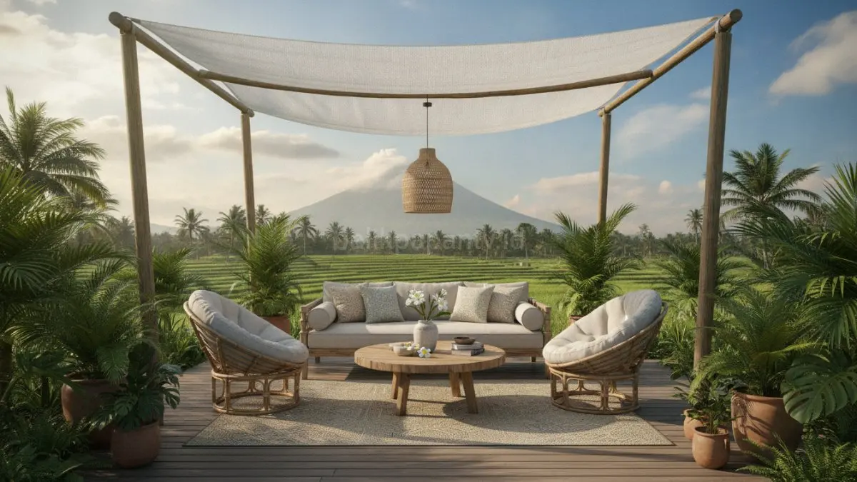 Ruang santai berkanopi ringan menjadi solusi ideal untuk menciptakan area outdoor yang nyaman digunakan sepanjang tahun tanpa kehilangan kesan terbuka dan dekat dengan alam.(BTV/AI) 
