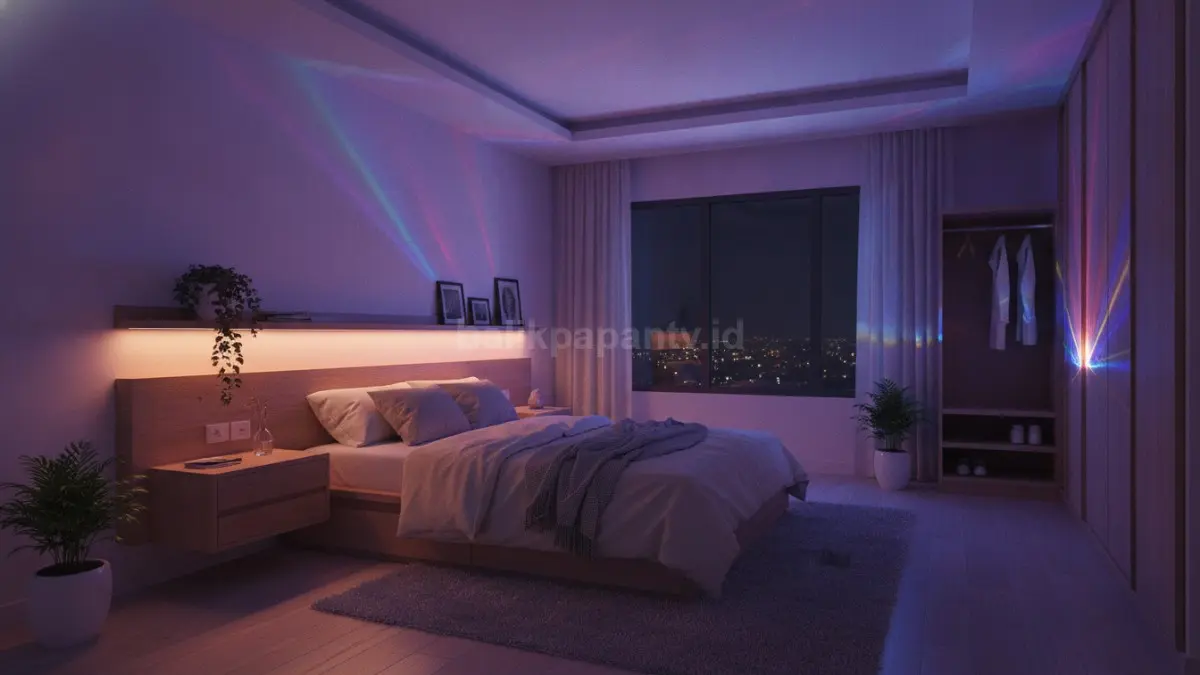 Ruang tamu minimalis dengan lampu LED warna-warni menciptakan suasana hangat modern. (BTV/Ai)