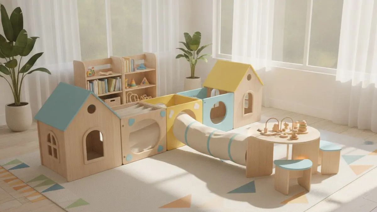 Rumah bermain modular fleksibel dibongkar pasang, mengikuti tumbuh kembang anak, awet, dan hemat ruang penyimpanan. (BTV/AI)
