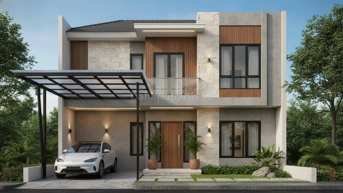 Rumah minimalis dengan kanopi modern ringan menambah nilai estetika sekaligus fungsi pada tampilan depan rumah (BTV/Ai).
