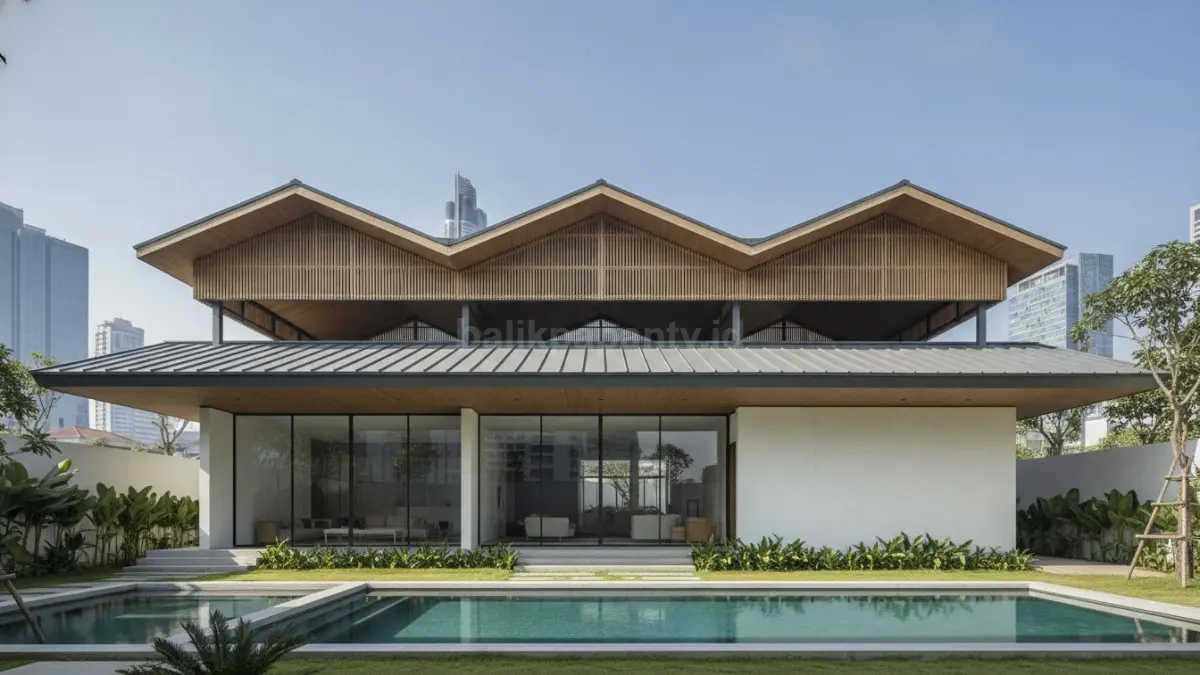 Rumah roof over roof modern dengan ventilasi atap ganda untuk mengurangi panas dan meningkatkan kenyamanan hunian.
