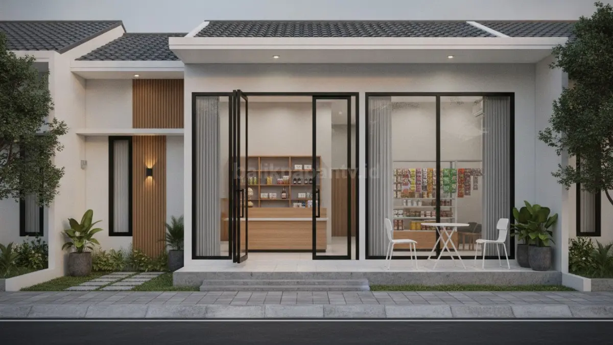 Rumah warung dengan pintu geser multifungsi menghadirkan pembatas fleksibel antara area usaha dan hunian (BTV/Ai).
