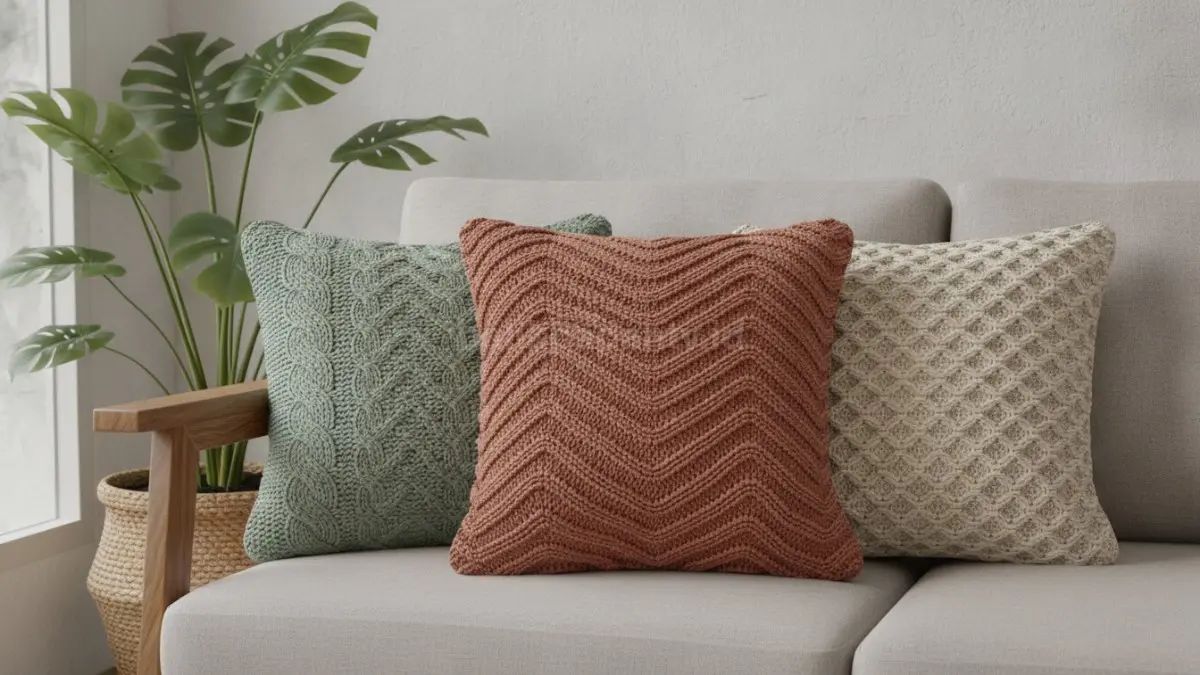 Sarung bantal rajut warna alami menghadirkan tekstur hangat yang memperkaya tampilan interior modern (BTV/Ai)

