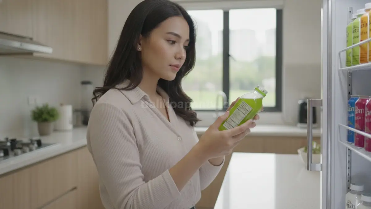 Seseorang memilih minuman health sambil memperhatikan informasi kandungan pada kemasan.