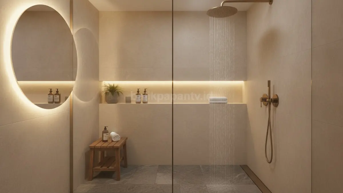 Shower bergaya spa rumahan menghadirkan relaksasi maksimal melalui pencahayaan hangat dan desain menenangkan elegan (BTV/Ai)
