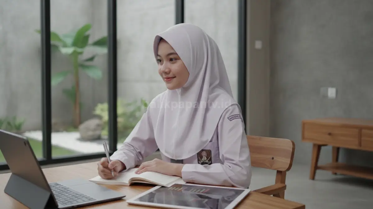 Siswi SMK dengan makeup simple natural yang terlihat rapi dan segar saat kegiatan belajar.
