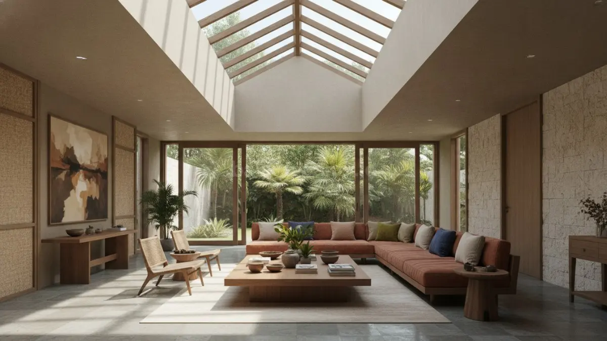Skylight memanjang menghadirkan cahaya alami merata, membuat ruang keluarga terasa terang dan lapang.  (BTV/AI)