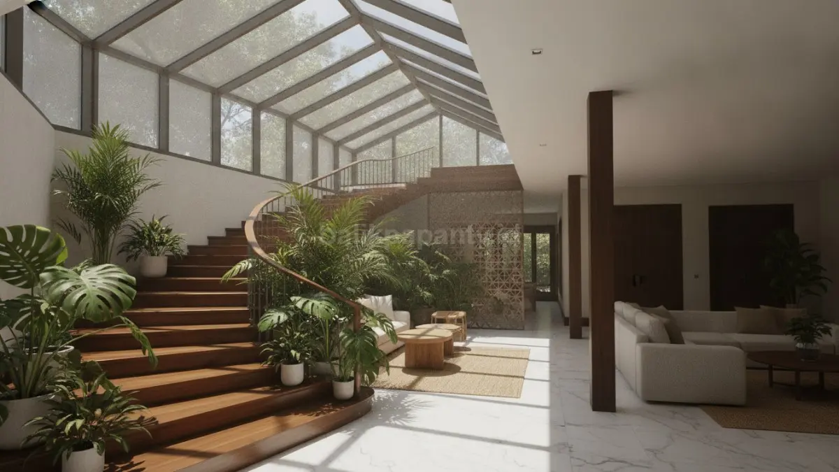 Skylight pada area tangga menghadirkan cahaya alami, meningkatkan keamanan, sekaligus mempercantik tampilan interior rumah.  (BTV/AI)