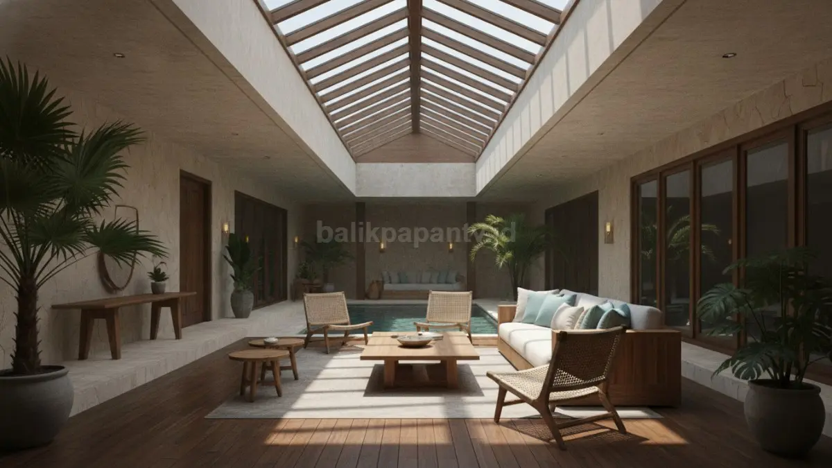 Skylight tengah rumah open space menyalurkan cahaya alami hingga area terdalam secara optimal.  (BTV/AI)