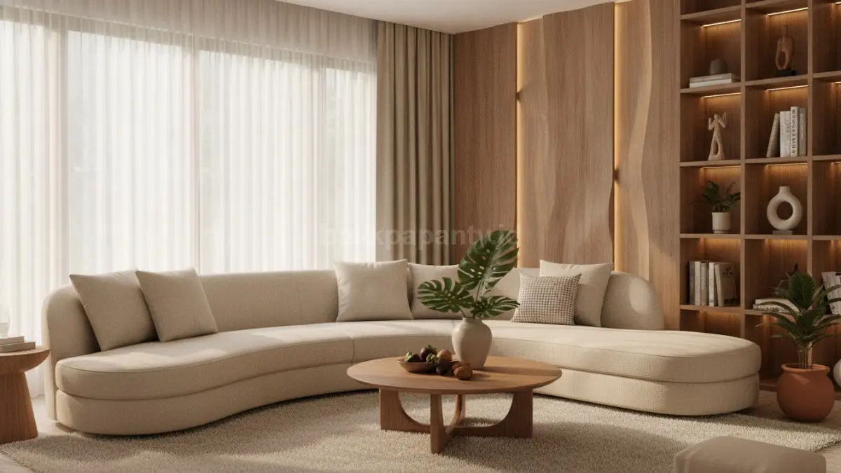 Sofa melengkung menciptakan titik fokus elegan, menghadirkan suasana hangat dan ramah bagi keluarga.  (BTV/AI)