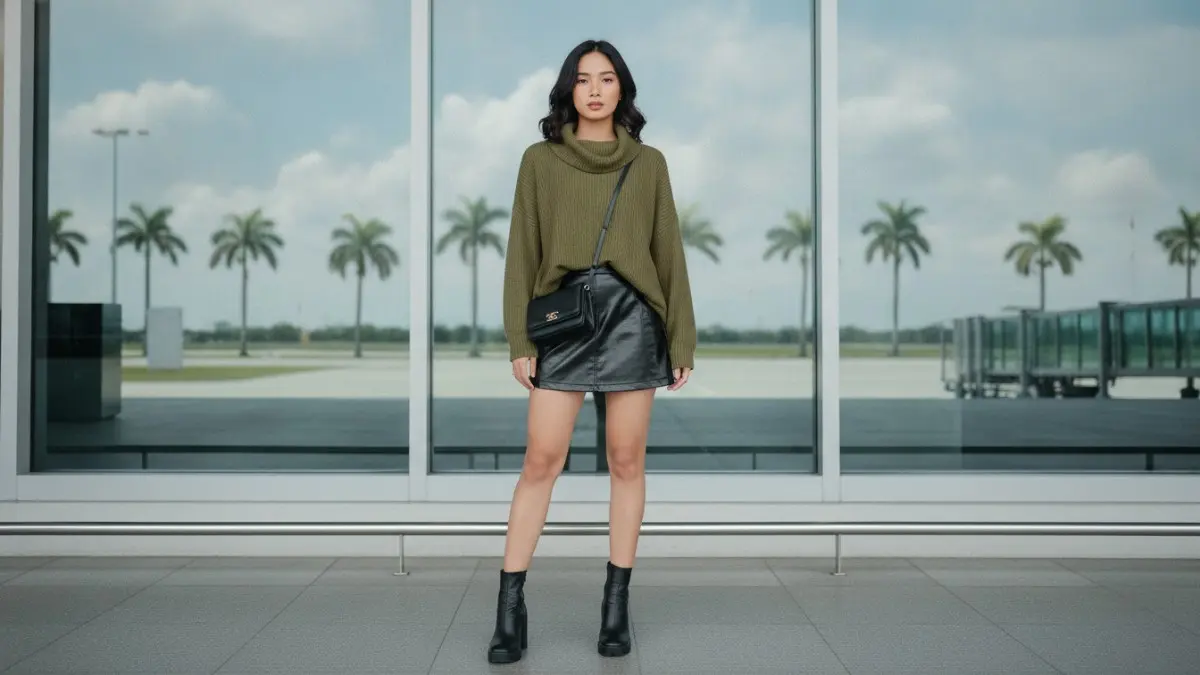 Sweter oversized dan rok mini kulit menghadirkan gaya Seoul modern, nyaman, berani, serta proporsi tubuh seimbang. (BTV/AI)
