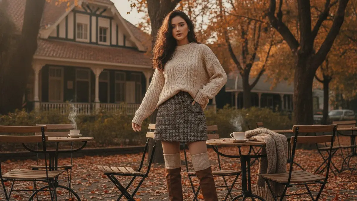 sweter rajut oversized dan rok mini tweed untuk inspirasi OOTD autumn winter. (BTV/AI)