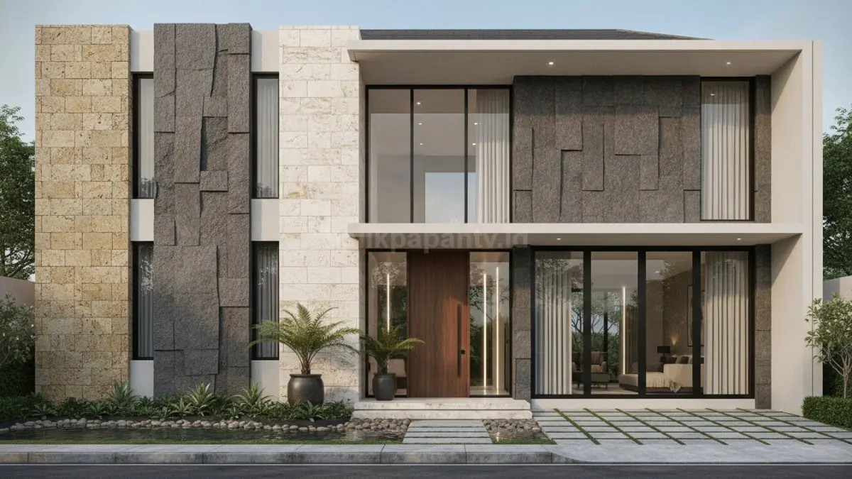 Tampak depan dengan batu alam modern menghadirkan tekstur alami yang elegan dan memperkuat karakter fasad rumah (BTV/Ai).
