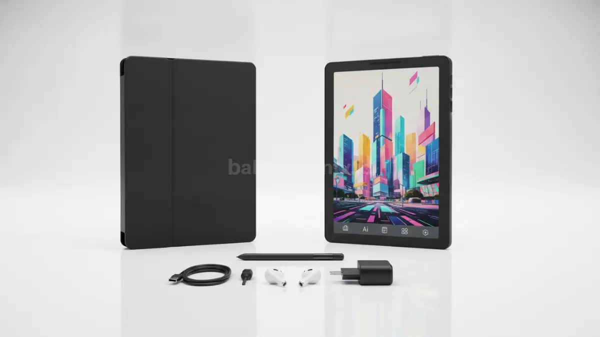 Tampilan desain ringkas Bigme B6 Color lengkap dengan flip cover resmi dan aksesori bawaan. (BTV/Ai)