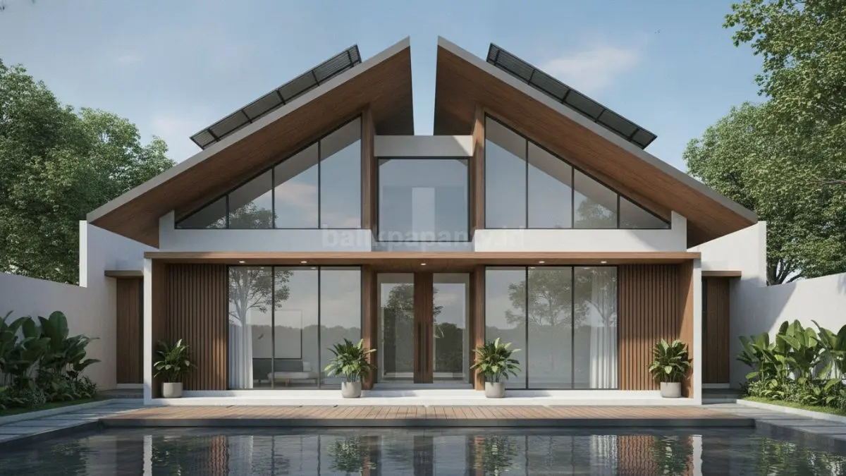 Tampilan rumah minimalis dengan atap ganda yang membantu efisiensi energi dan perlindungan cuaca.
