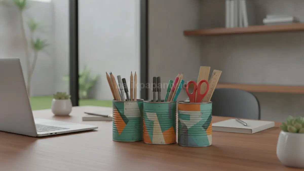 Tempat pensil dari kaleng bekas dengan desain kreatif yang membuat meja kerja terlihat rapi dan menarik.
