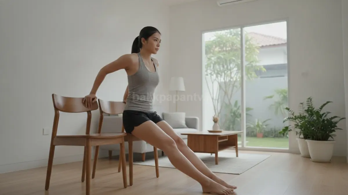 Triceps dip pada kursi merupakan latihan sederhana yang efektif untuk menguatkan otot bagian belakang lengan dengan beban tubuh sendiri (BTV/Ai).
