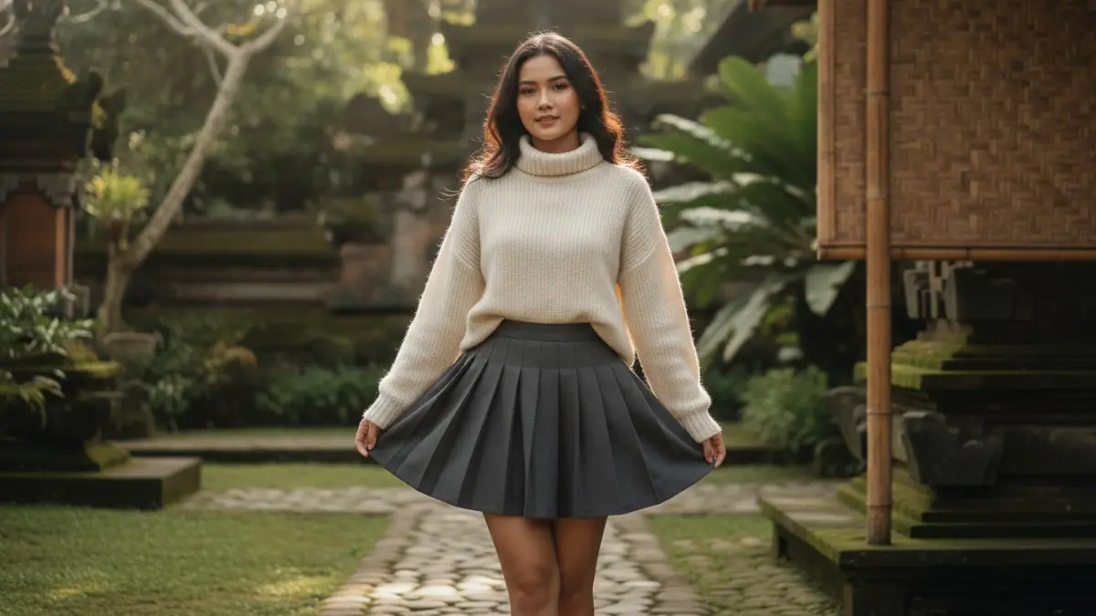 Turtleneck rajut dan rok pleated mini menciptakan tampilan elegan, hangat, proporsional, serta feminin untuk berbagai kesempatan. (BTV/AI)
