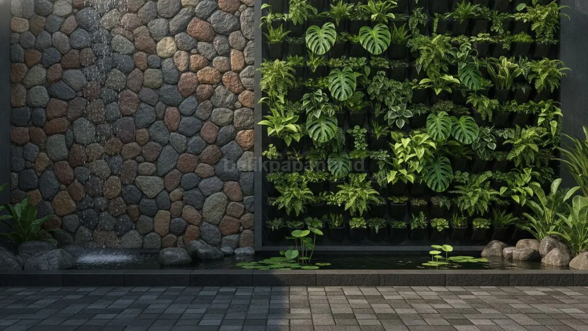 Vertical garden dan batu alam menghadirkan suasana segar alami pada lahan rumah terbatas.  (BTV/AI)