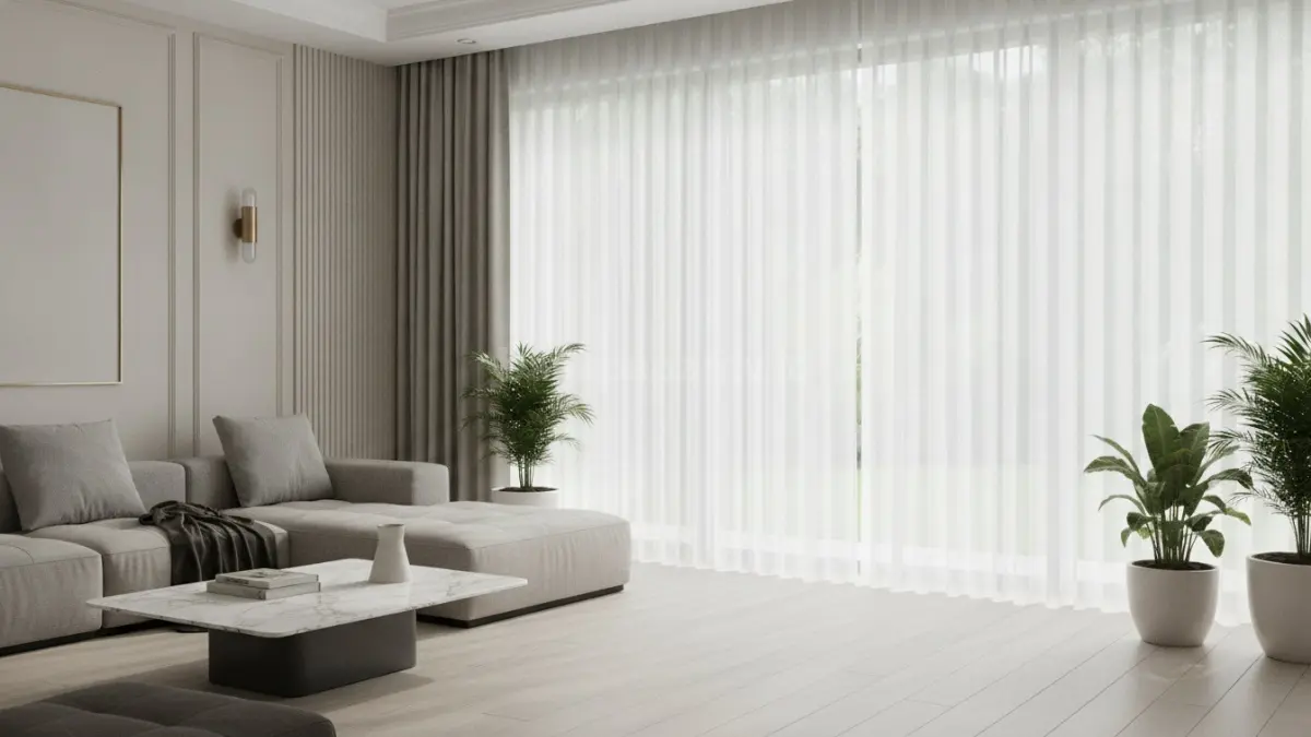 Voile curtain warna putih bersih menghadirkan kesan terang, rapi, dan minimalis yang memperkuat suasana ruang bernuansa netral (BTV/Ai).
