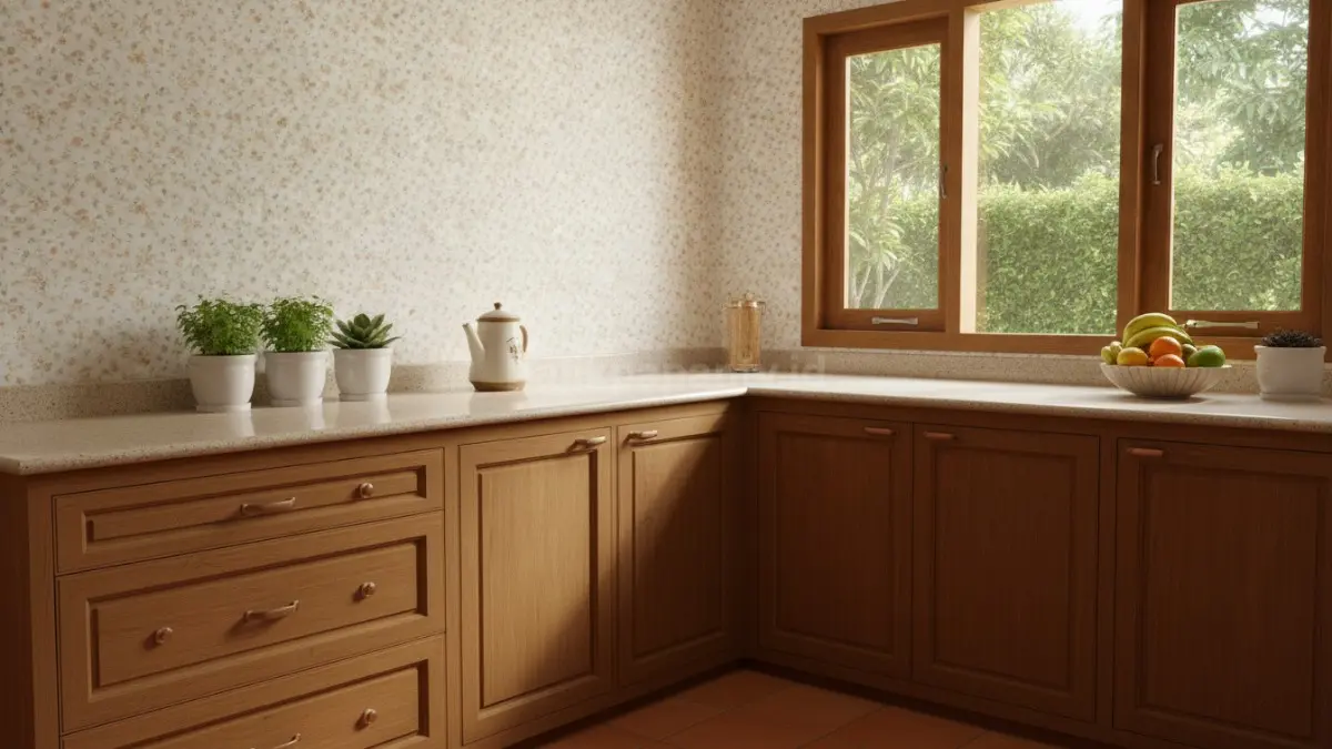 Wallpaper dapur motif floral kecil berpadu kabinet kayu menghadirkan suasana hangat dan nyaman (BTV/Ai)
