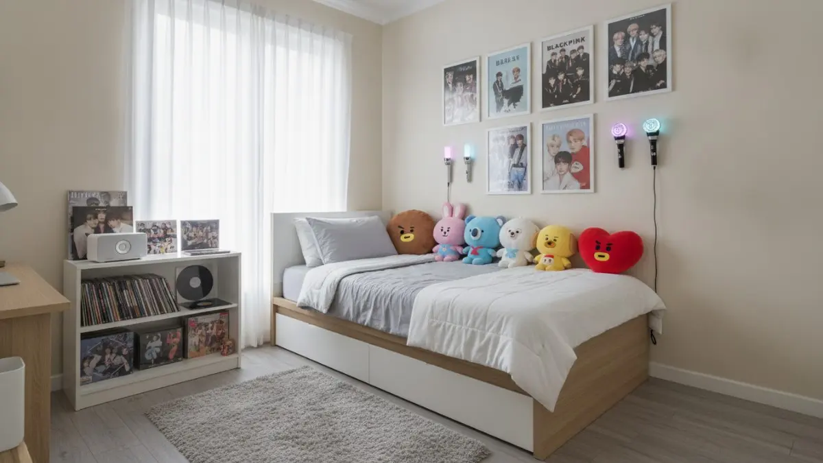 Warna dasar netral membuat dekorasi K-pop lebih menonjol, fleksibel, rapi, serta mudah mengikuti tren terbaru. (BTV/AI)
