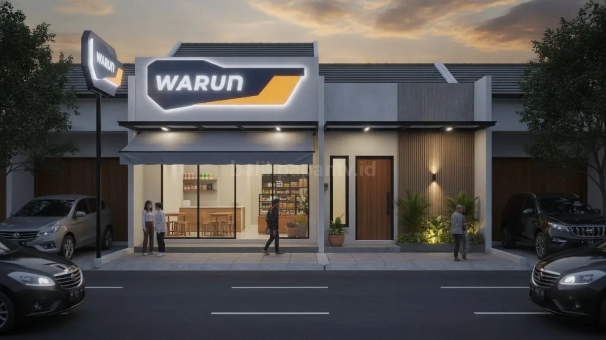 Warung dengan fasad branding visual menonjolkan identitas usaha agar mudah dikenali dan menarik perhatian pelanggan (BTV/Ai).
