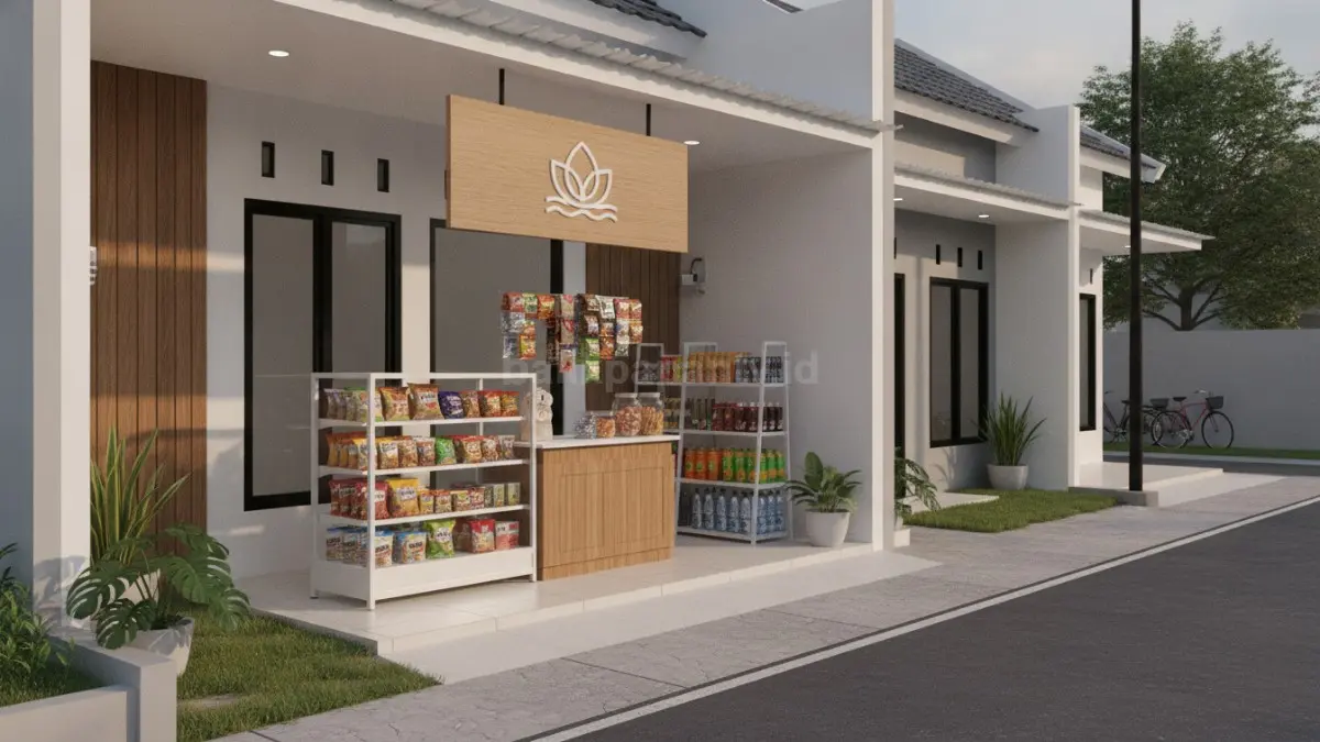 Warung depan terbuka tanpa sekat penuh menciptakan akses mudah dan visibilitas produk yang menarik bagi pelanggan (BTV/Ai).
