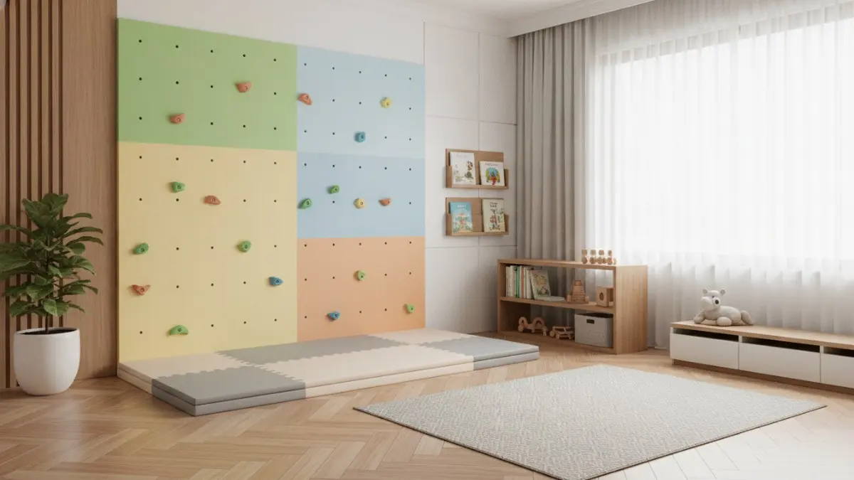 Zona panjat mini beralas empuk melatih koordinasi anak, aman digunakan, sekaligus mempercantik sudut ruang keluarga modern. (BTV/AI)
