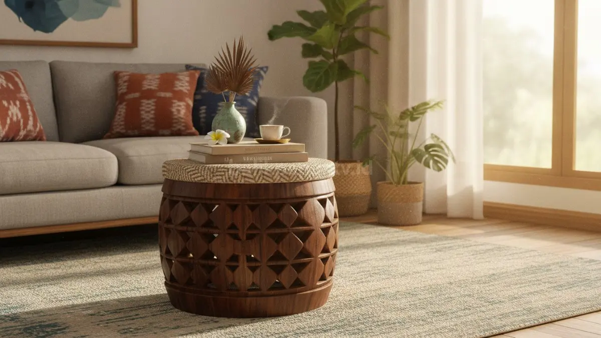 Accent stool dekoratif mempercantik ruang tamu sekaligus berfungsi sebagai meja samping praktis.  (BTV/AI)