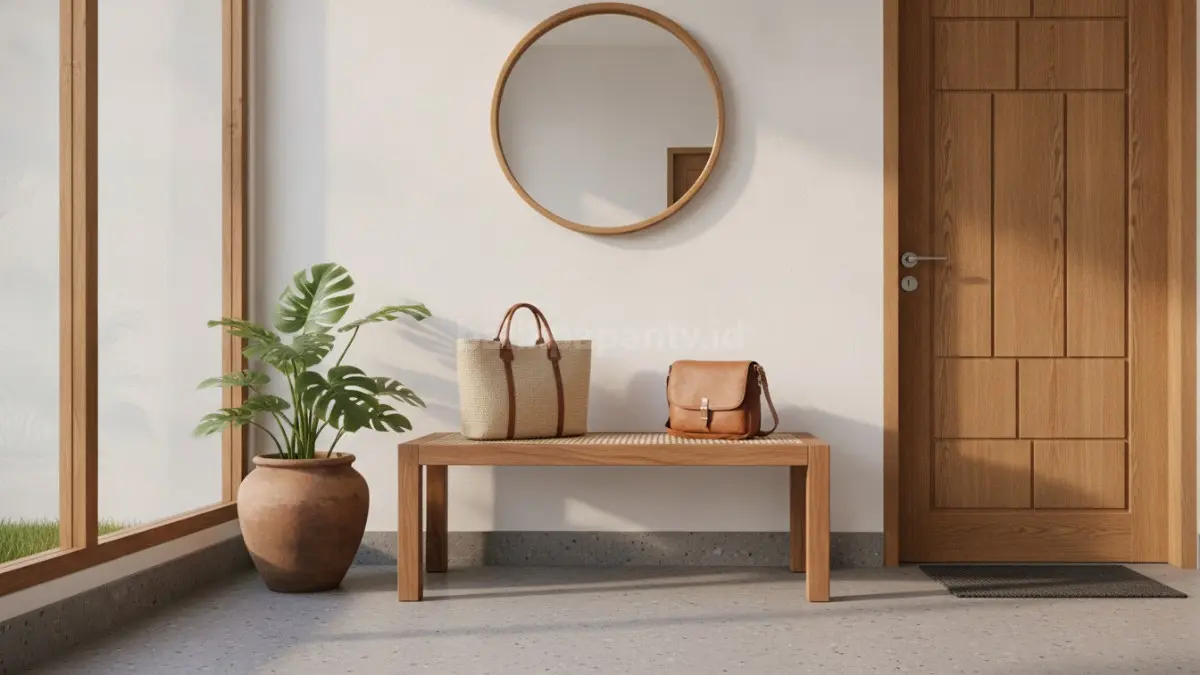 Accent stool di area masuk memudahkan meletakkan tas sekaligus menjaga ruang tetap rapi.  (BTV/AI)