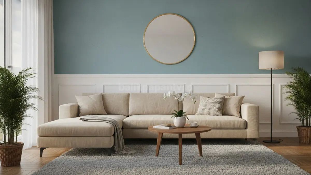 Accent wall half panel menciptakan fokus visual elegan dengan sentuhan moulding sederhana yang cocok untuk ruang tamu kecil. (BTV/Ai)
