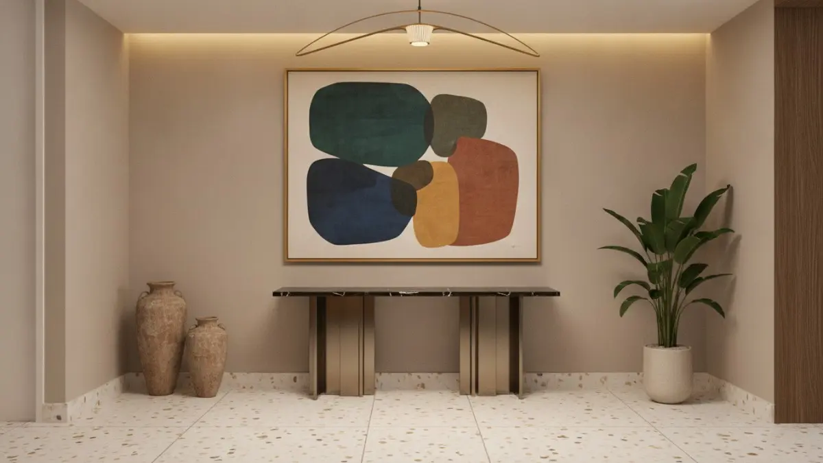 Aksen seni berukuran besar menciptakan fokus visual kuat, menghadirkan kesan eksklusif dan elegan pada area masuk. (BTV/AI)
