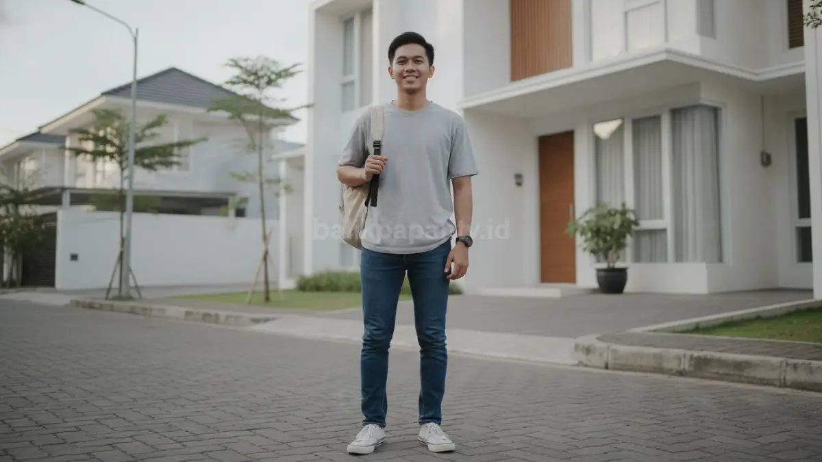 Anak muda mengenakan hangout look budget tipis dengan kombinasi kaus polos dan jeans yang rapi.
