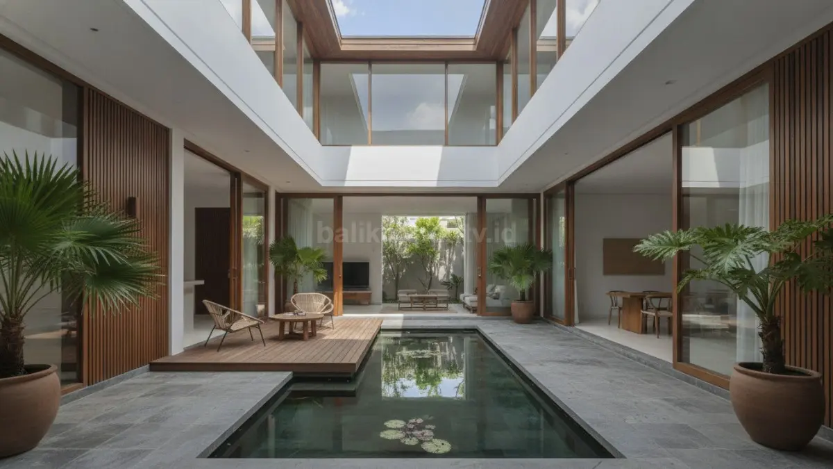 Area halaman tengah rumah ala Bali yang memaksimalkan cahaya alami dan sirkulasi udara.
