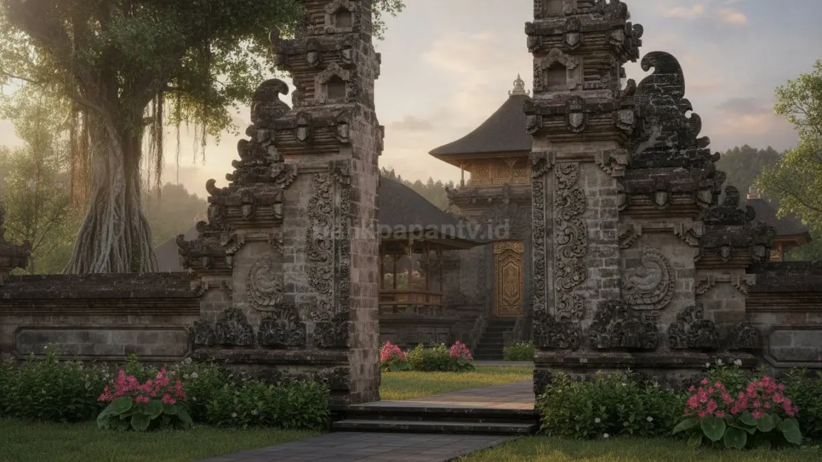 Arsitektur Bali dengan ukiran tradisional, gerbang candi bentar, dan nilai budaya yang kuat. (BTV/AI)
