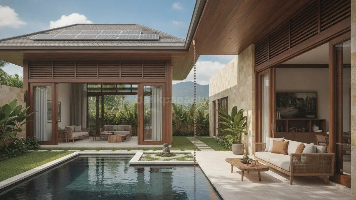 Arsitektur Bali modern dengan teknologi hemat energi, pencahayaan alami, dan sirkulasi udara optimal. (BTV/AI)

