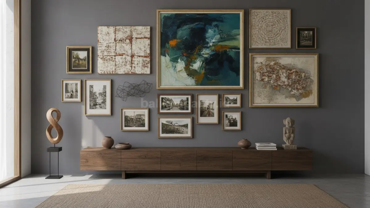 Art Collector Wall modern dengan susunan karya seni yang menciptakan fokus visual ruang.  (BTV/AI)