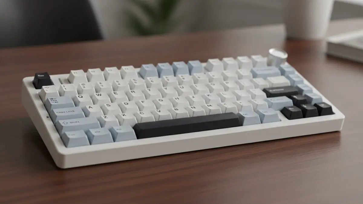 Aula F75 keyboard 75 persen dengan desain minimalis dan knob multifungsi terlihat jelas. (BTV/AI)