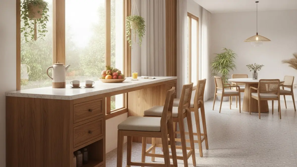 Breakfast bar multifungsi di jendela memaksimalkan cahaya alami, menghadirkan ruang makan modern yang hangat dan nyaman. (BTV/AI)

