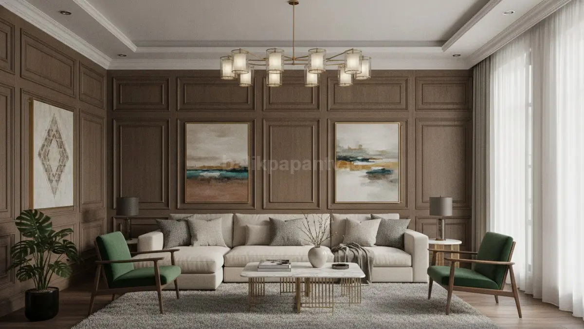 Classic panel simetris menghadirkan desain dinding berstruktur rapi yang memberi kesan formal, hangat, dan elegan pada ruang tamu. (BTV/Ai)
