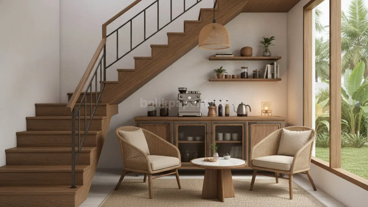 Coffee corner pribadi di sudut rumah menghadirkan area minum kopi sederhana dengan mesin kopi dan kabinet kecil bergaya café mini modern.  (BTV/AI)