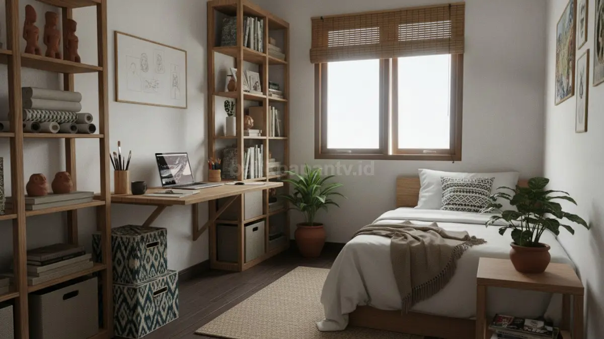 Compact Creative Zone menggunakan meja lipat dan penyimpanan vertikal memaksimalkan ruang kecil rapi dan efisien visual  (BTV/AI)